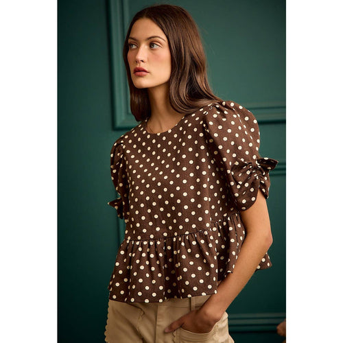 POLKA DOT BOW DETAIL SHORT SLEEVES PEPLUM TOP