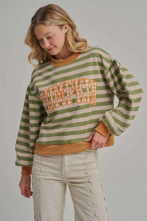 STRIPE TERRY CASUAL THANKSGIVING TOP WITH PUMPKIN LETTERING