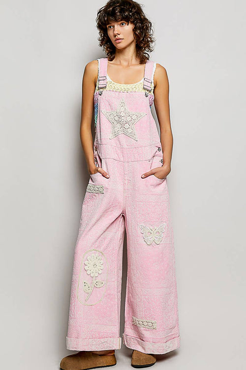 Floral Crochet Pearl Patch Roomy Fit Twill Overalls