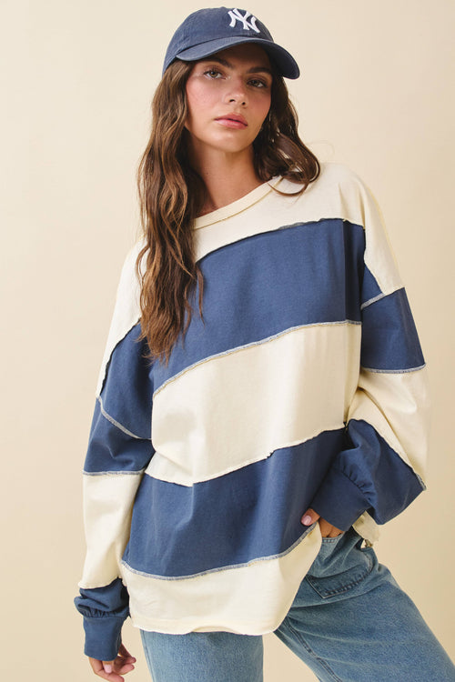 8551GN Oversized Color Block Long Sleeve Pullover