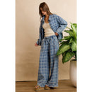 FRAYED DETAIL PLAID WIDE LEG JEANS WITH DUAL POCKETS