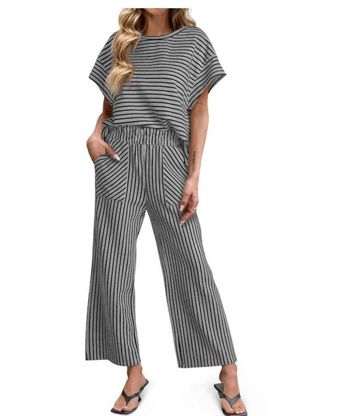 Striped Batwing Sleeve Top & Wide Leg Pants Set