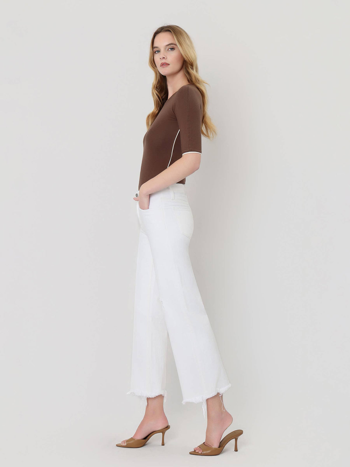 High Rise Raw Hem Crop Wide Leg Jeans