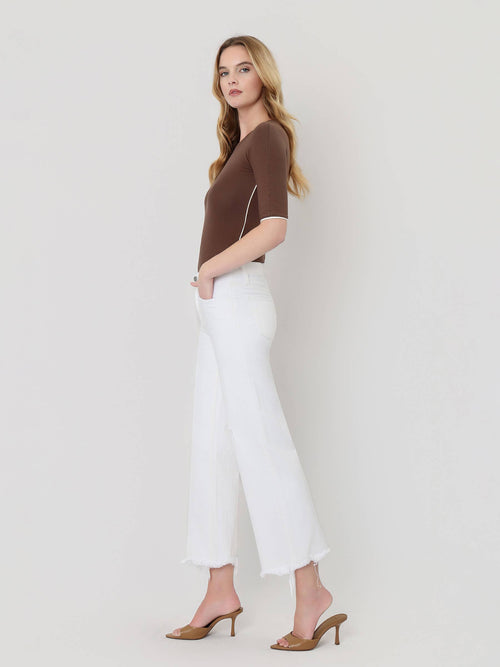 High Rise Raw Hem Crop Wide Leg Jeans