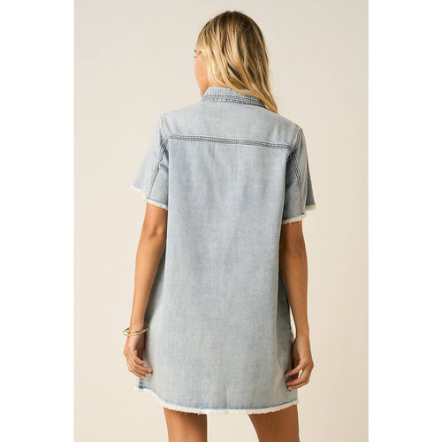 WASHED DENIM SHORT SLEEVE MINI SHIRT DRESS