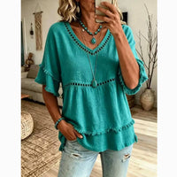 Boho Eyelet Trim Linen V Neck Ruffle Sleeve Blouse