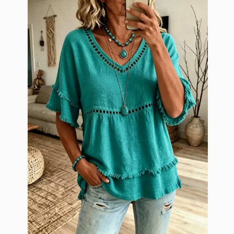 Boho Eyelet Trim Linen V Neck Ruffle Sleeve Blouse