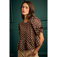 POLKA DOT BOW DETAIL SHORT SLEEVES PEPLUM TOP