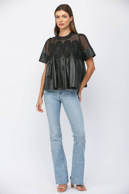 LACE OVERLAY FAUX LEATHER BABYDOLL TOP FT24196