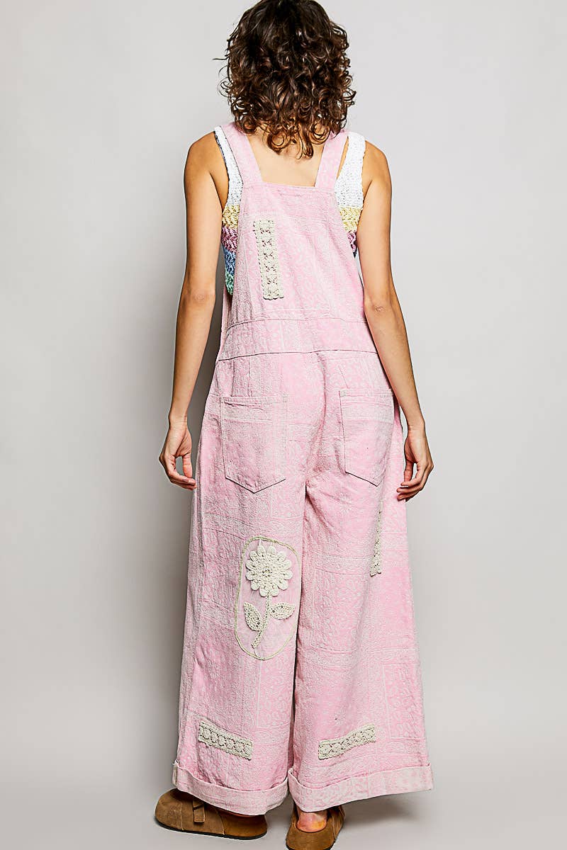 Floral Crochet Pearl Patch Roomy Fit Twill Overalls