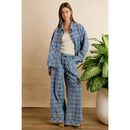 FRAYED DETAIL PLAID WIDE LEG JEANS WITH DUAL POCKETS
