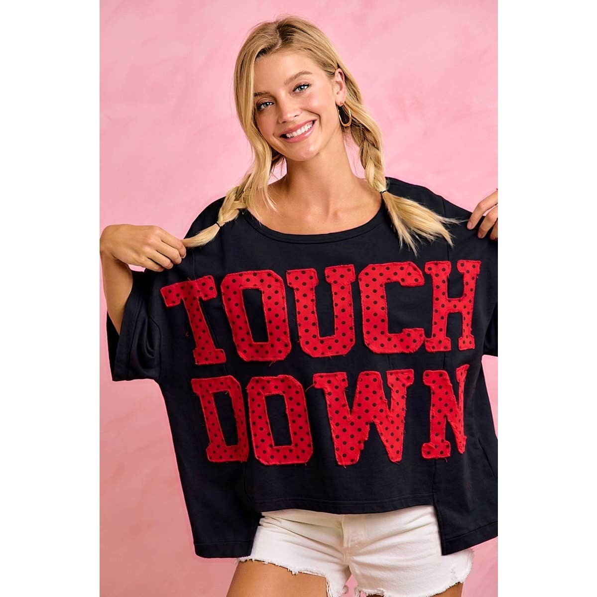 GAMEDAY THEME POLKA DOT PATCHES SHORT SLEEVES TOP