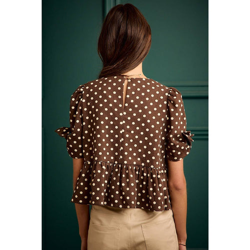 POLKA DOT BOW DETAIL SHORT SLEEVES PEPLUM TOP