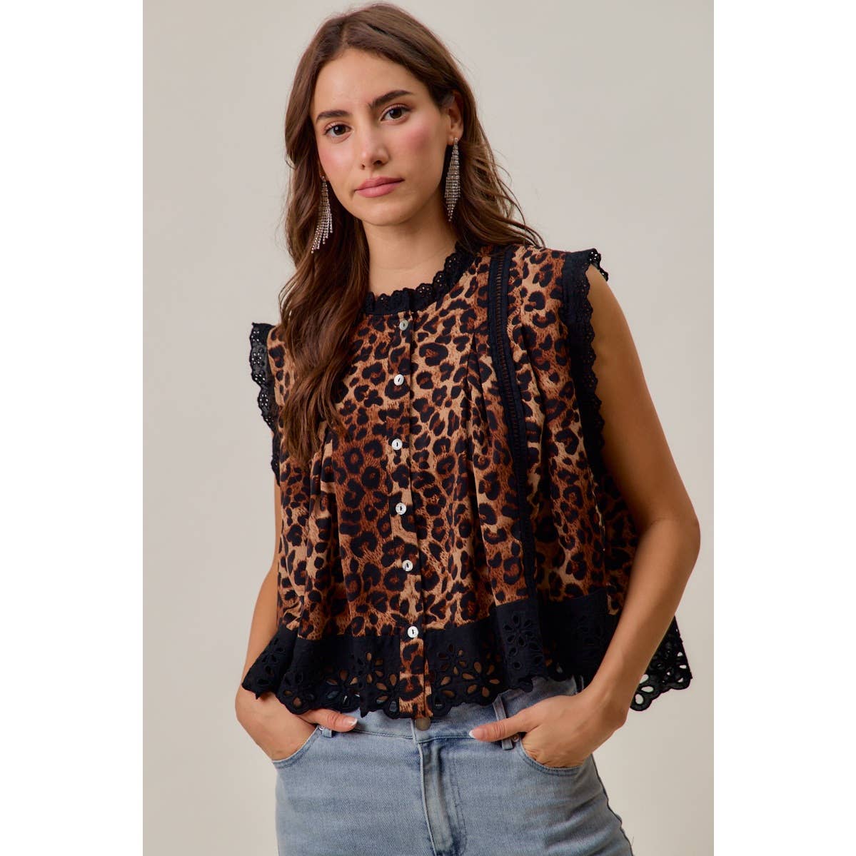 Leopard Pleated Sleeveless Blouse