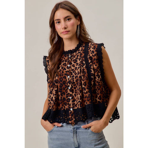 Leopard Pleated Sleeveless Blouse