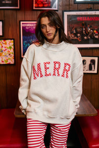 IT2594E-MERRYW | "MERRY" Varsity Mock Neck Sweatshirt
