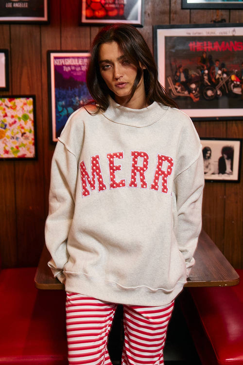 IT2594E-MERRYW | "MERRY" Varsity Mock Neck Sweatshirt