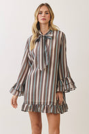 CD07559-Striped Bow Tie Ruffle Mini Dress