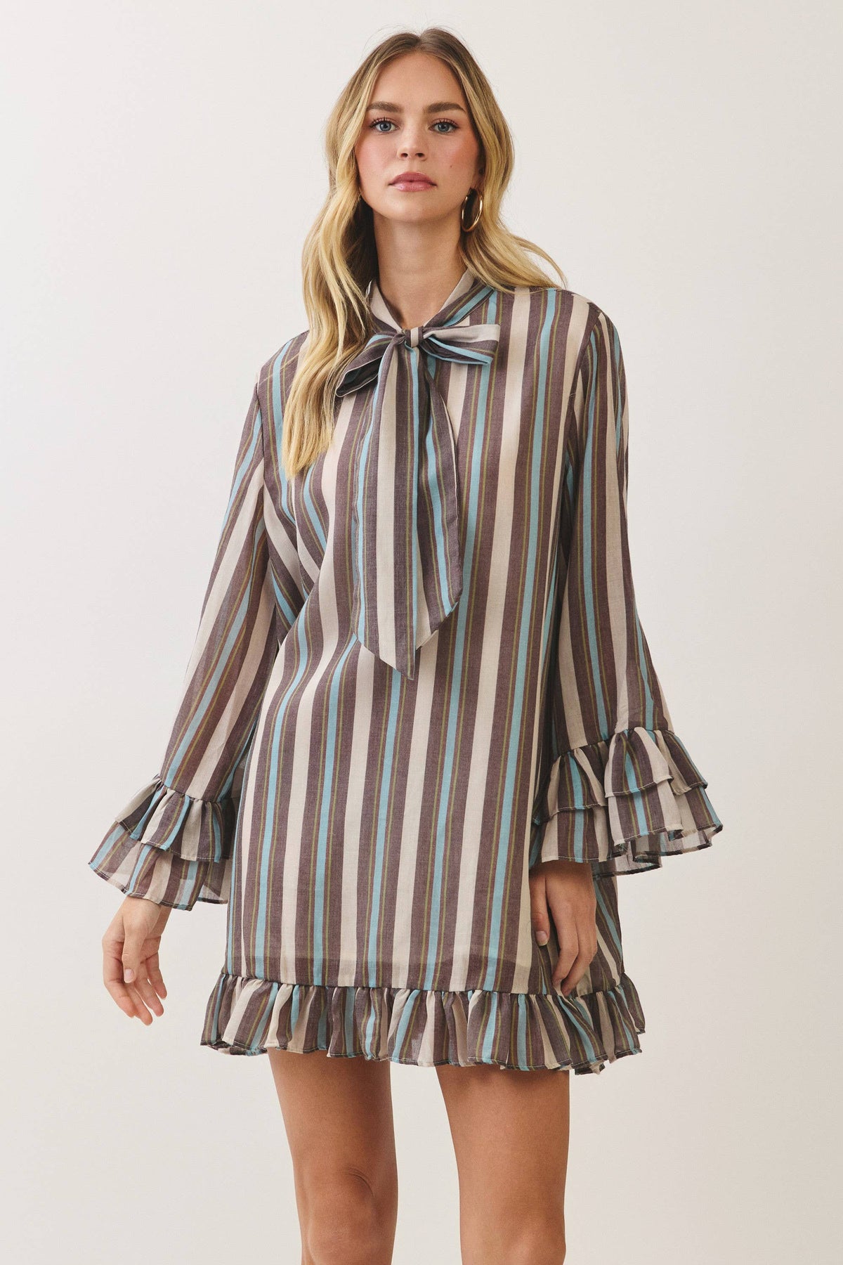 CD07559-Striped Bow Tie Ruffle Mini Dress