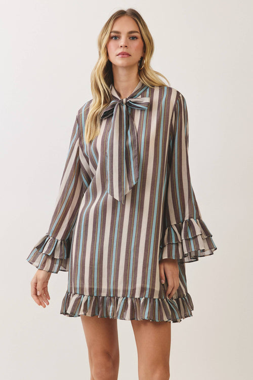 CD07559-Striped Bow Tie Ruffle Mini Dress