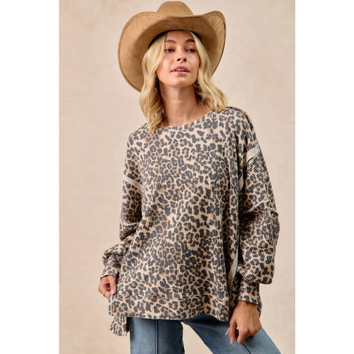 LEOPARD PRINT OVERSIZED WAFFLE THERMAL SWEATSHIRT