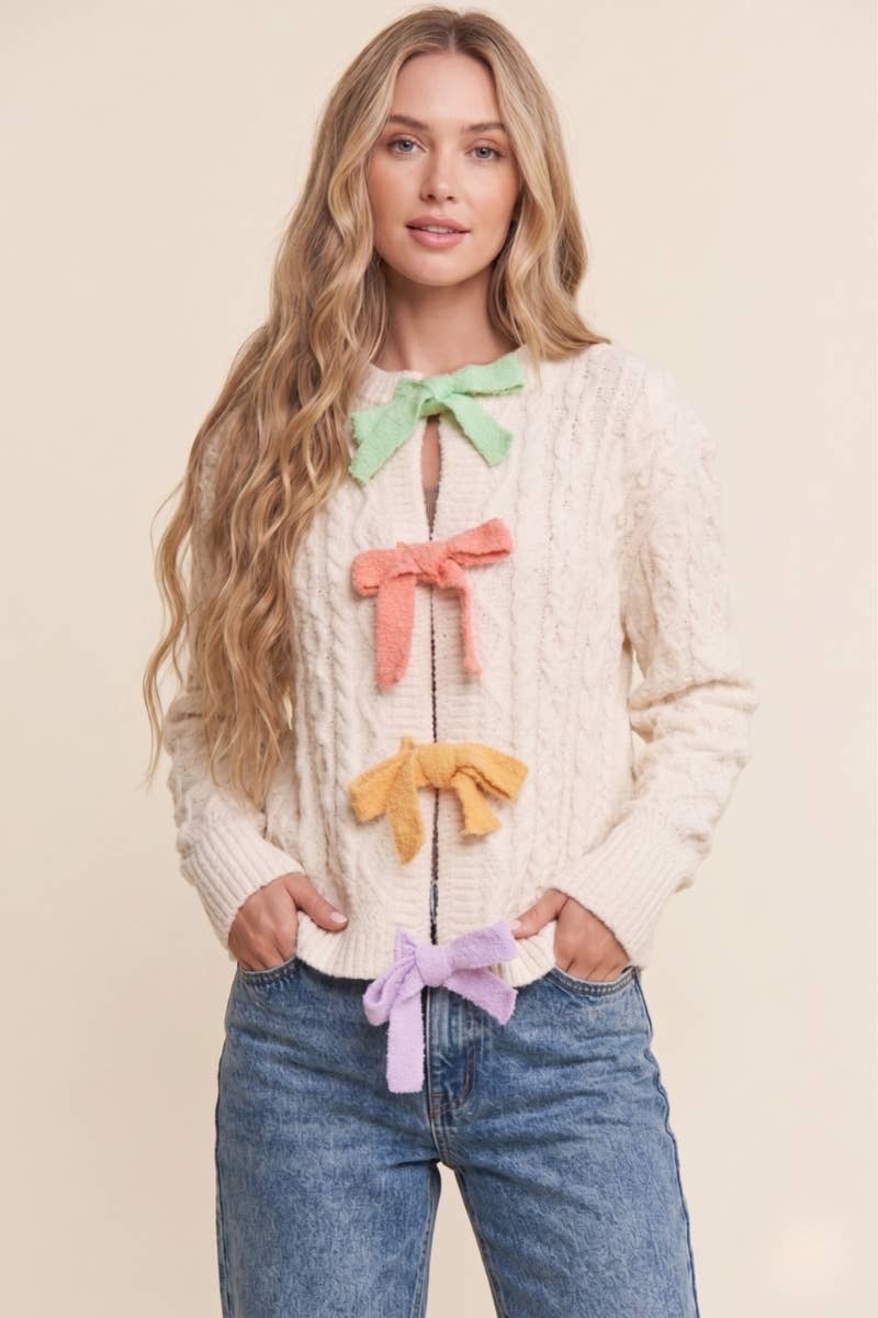 Pastel Bow Cable-Knit Cardigan