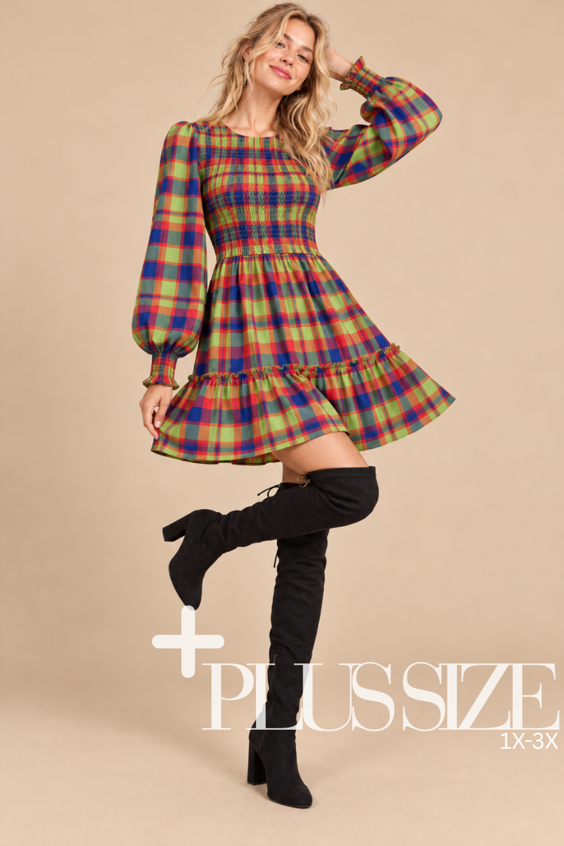 Colorful Plaid Smocked Mini Dress