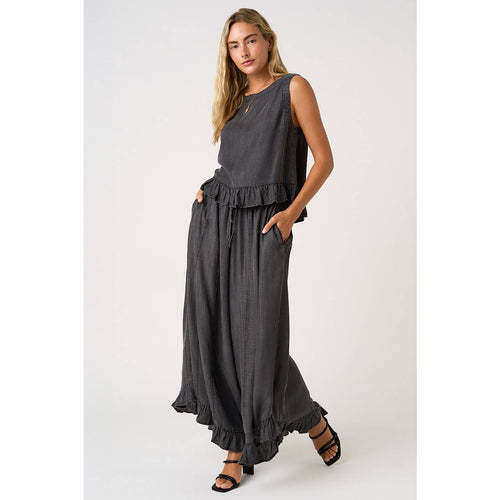 WASHED CHAMBRAY RUFFLE HEM WIDE LEG PANTS