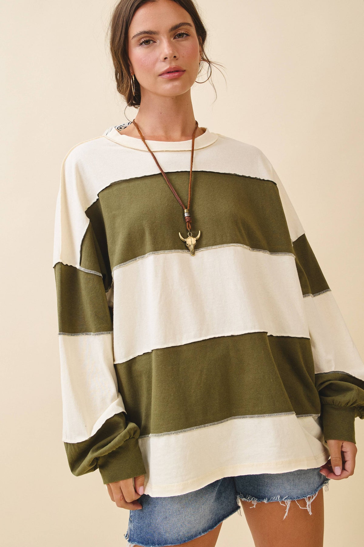 8551GN Oversized Color Block Long Sleeve Pullover