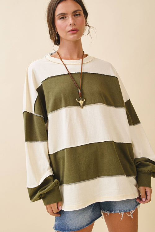 8551GN Oversized Color Block Long Sleeve Pullover