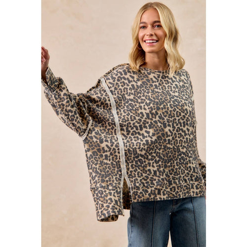 LEOPARD PRINT OVERSIZED WAFFLE THERMAL SWEATSHIRT