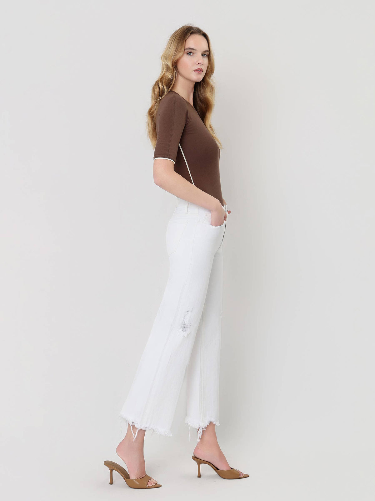 High Rise Raw Hem Crop Wide Leg Jeans