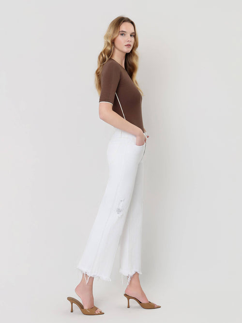 High Rise Raw Hem Crop Wide Leg Jeans