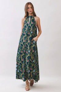 CD07357-Floral Vine Print Halter Neck Maxi Dress