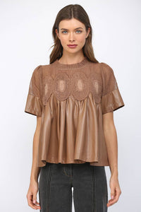 LACE OVERLAY FAUX LEATHER BABYDOLL TOP FT24196