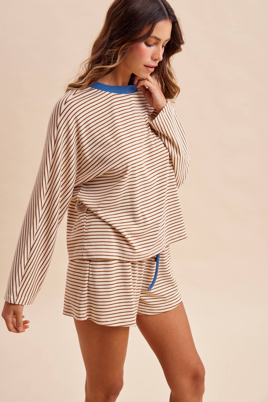 Loose Fit Striped Dolman Sleeve Knit Top Mini Shorts Set