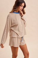 Loose Fit Striped Dolman Sleeve Knit Top Mini Shorts Set