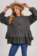 RUFFLED PEPLUM HEM OVERSIZED KNIT TOP