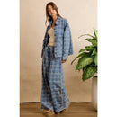 FRAYED DETAIL PLAID WIDE LEG JEANS WITH DUAL POCKETS