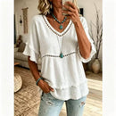Boho Eyelet Trim Linen V Neck Ruffle Sleeve Blouse