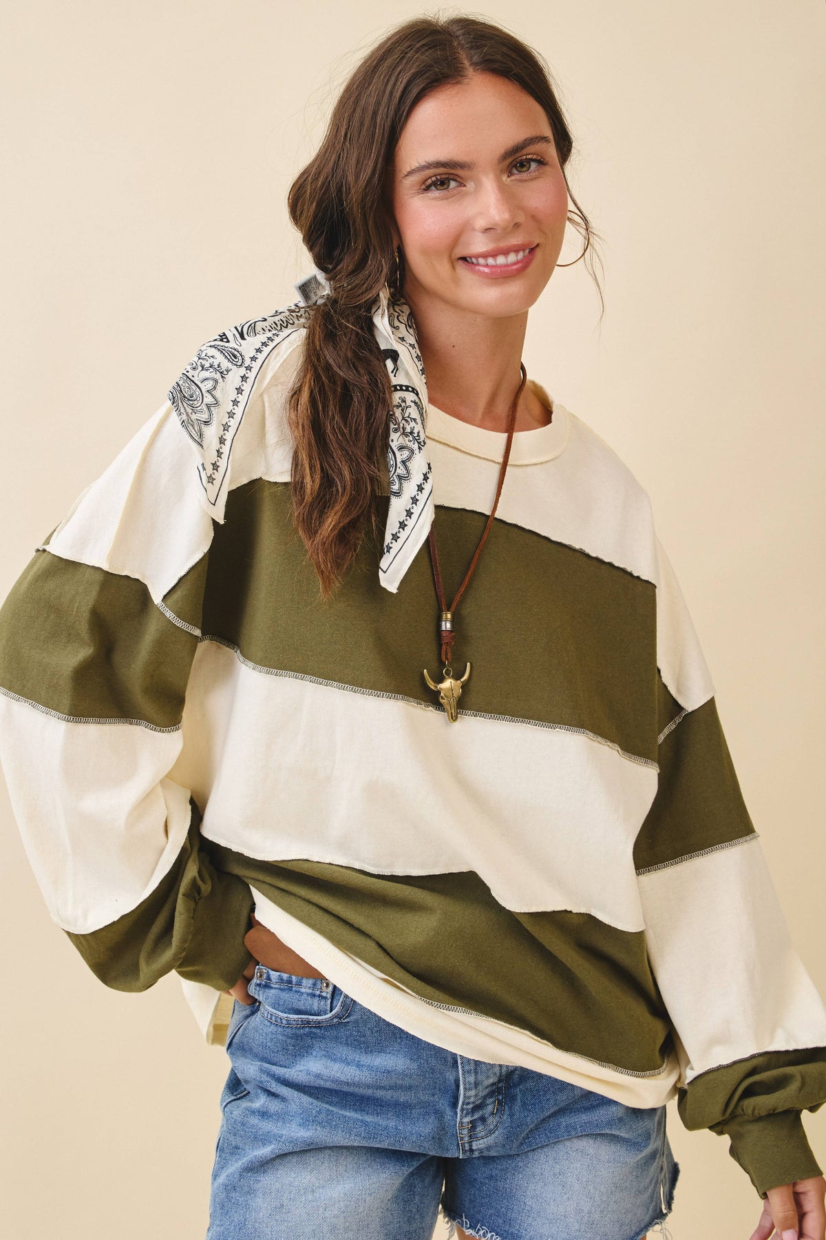 8551GN Oversized Color Block Long Sleeve Pullover