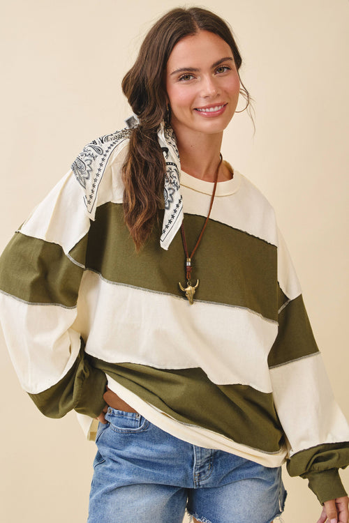 8551GN Oversized Color Block Long Sleeve Pullover