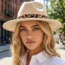 Leopard Strap Flat Brim Fedora Hat