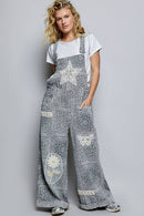 Floral Crochet Pearl Patch Roomy Fit Twill Overalls