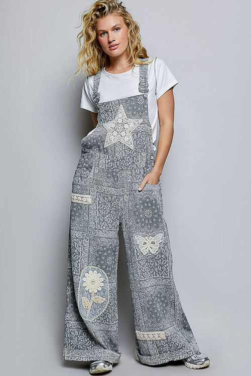 Floral Crochet Pearl Patch Roomy Fit Twill Overalls