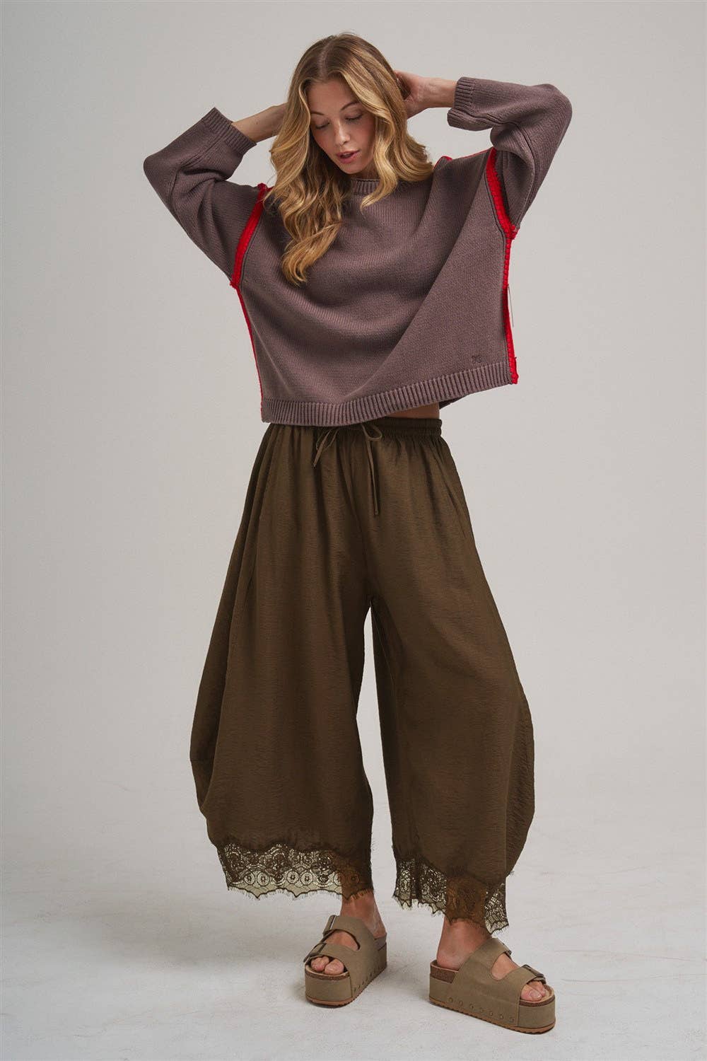 Lace Trim Balloon Leg Pants