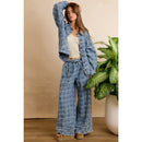 FRAYED DETAIL PLAID WIDE LEG JEANS WITH DUAL POCKETS
