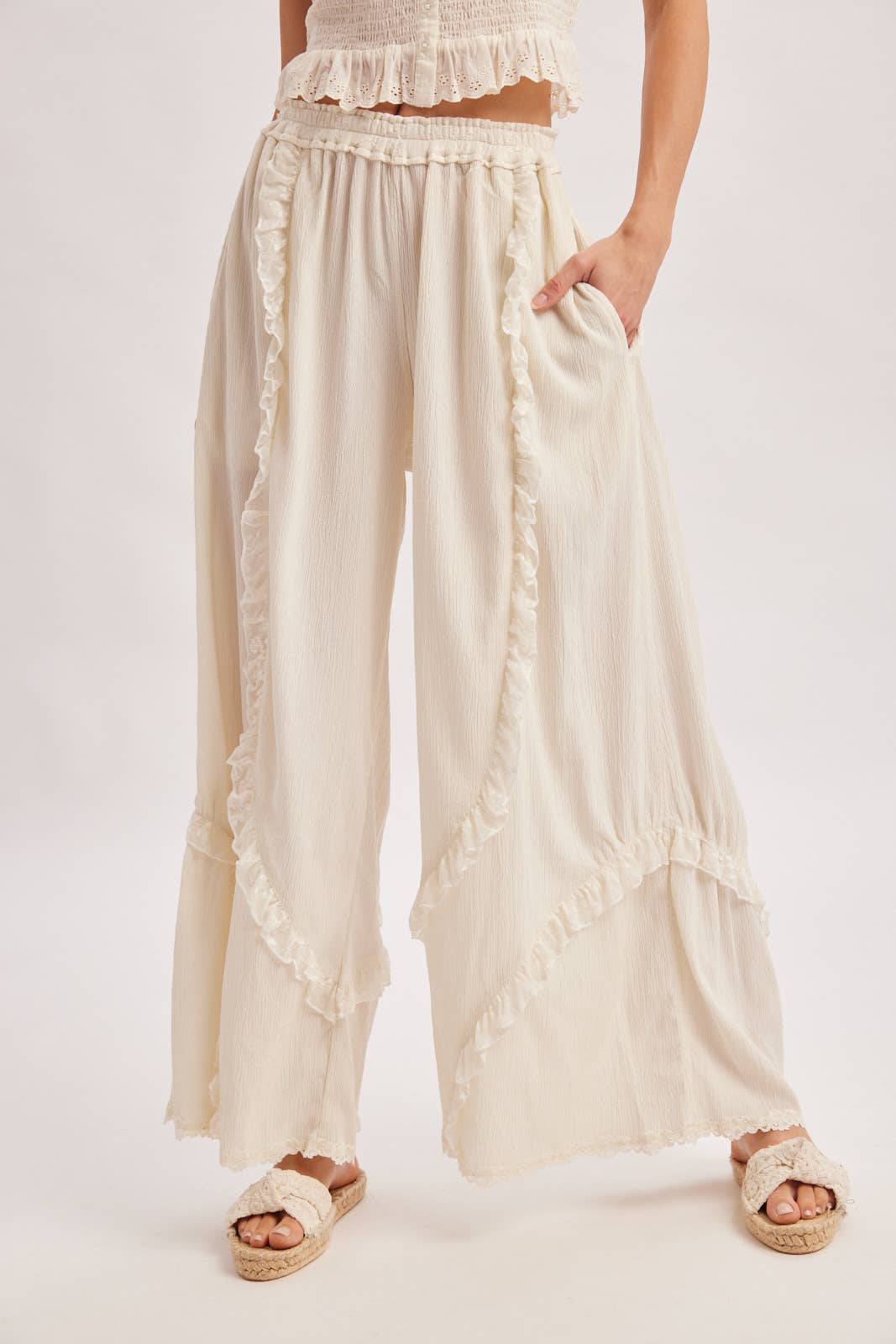 BOHO EYELET LACE RUFFLE TRIMMED WIDE PANTS
