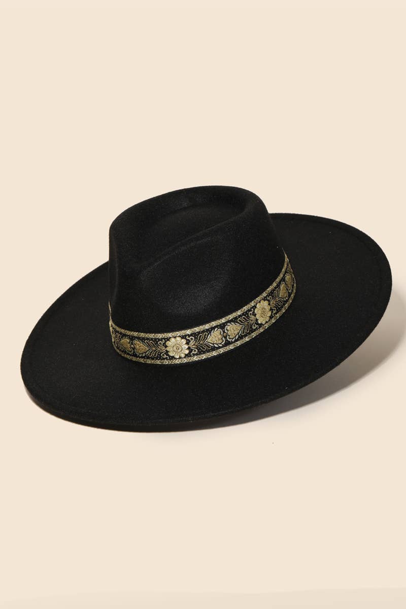 Wide Brim Felt Fedora With Gold Brocade Band