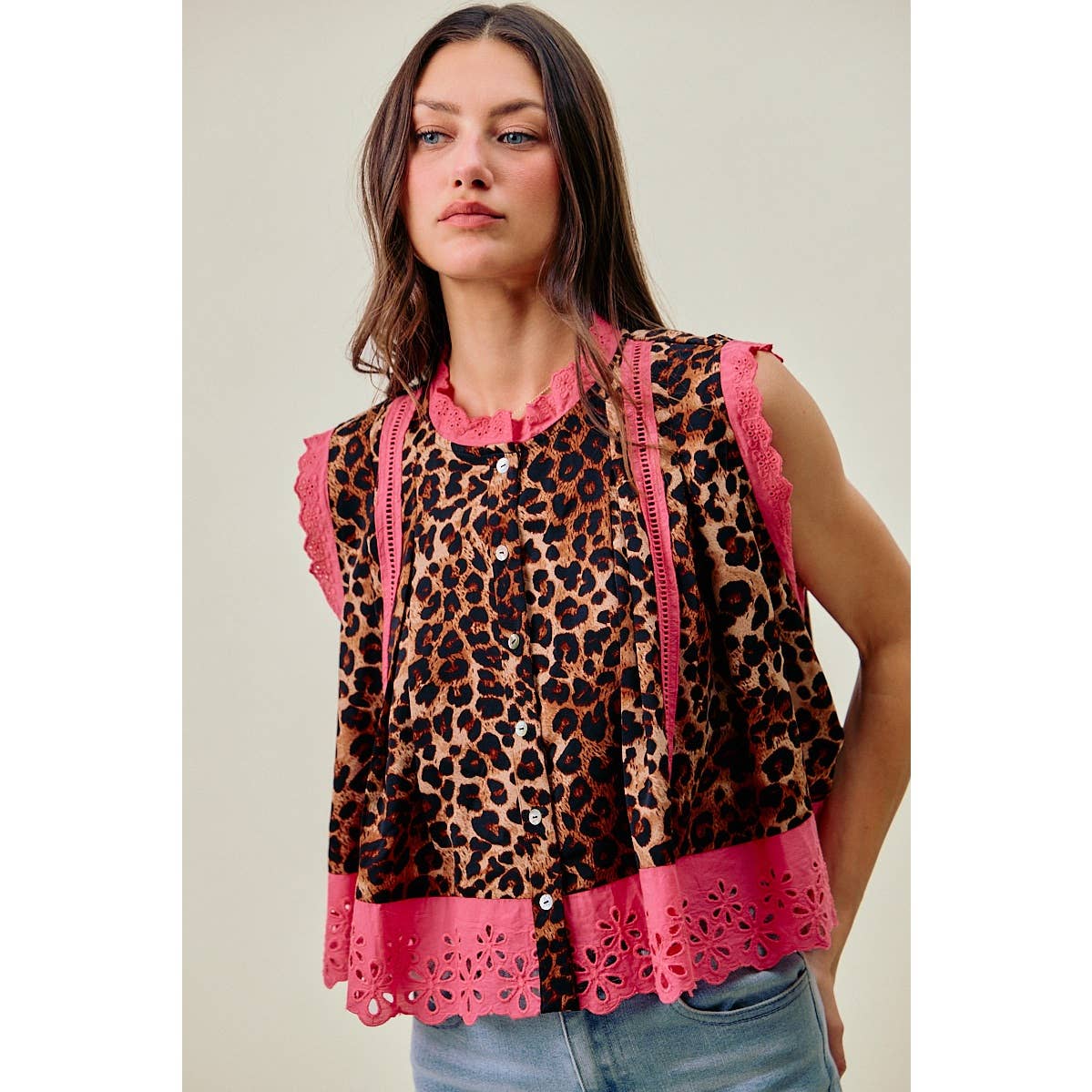 Leopard Pleated Sleeveless Blouse